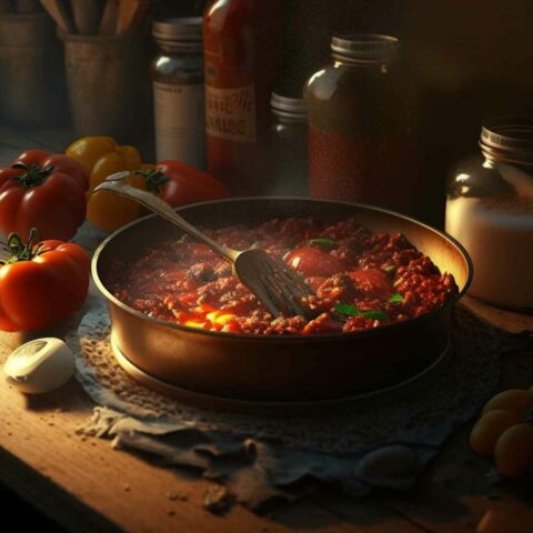 Tomato stirred into the bolognese sauce base