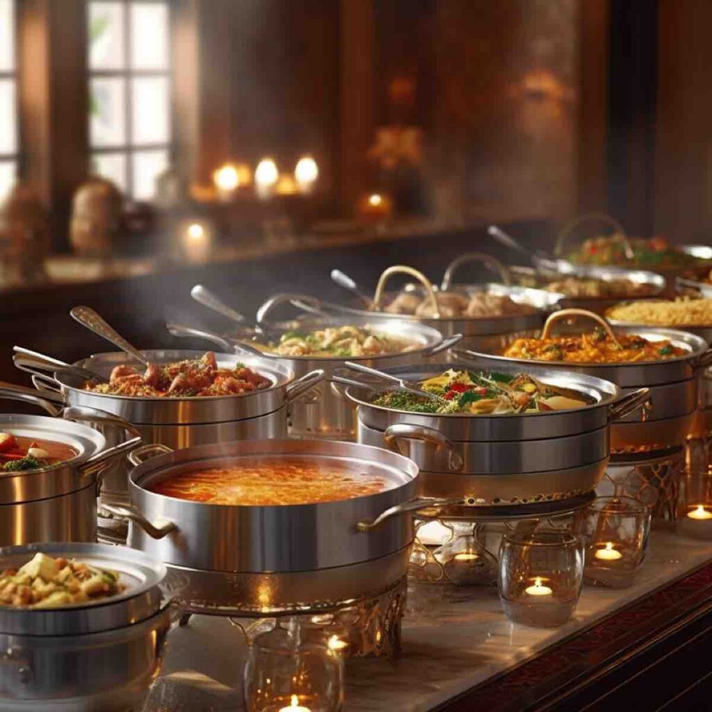Chafing dishes glow under soft lights, enticing aromas wafting from a long table of delights